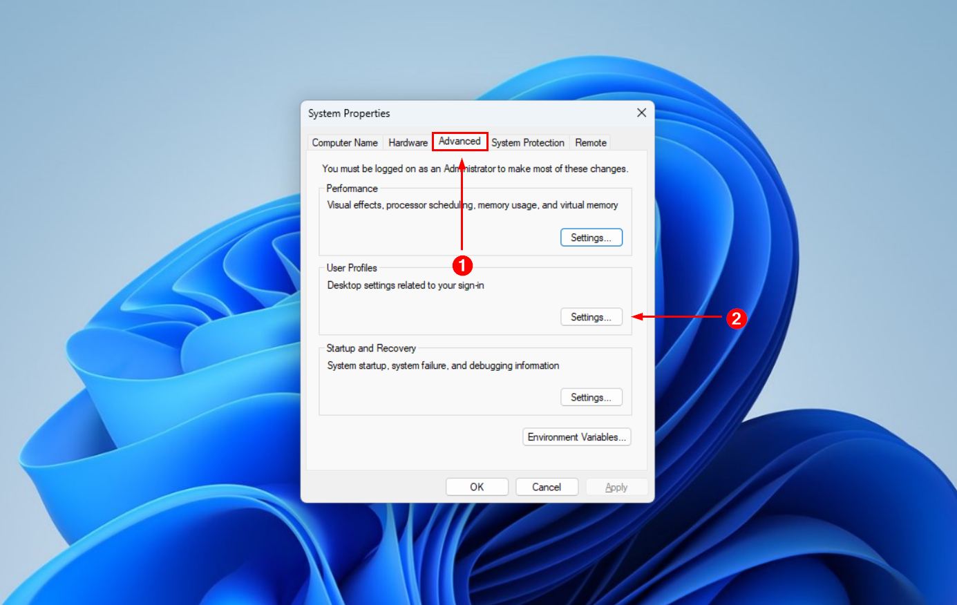 Opening the User Profiles settings in System Properties.