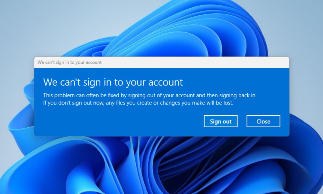 The We can’t sign in to your account message in Windows.