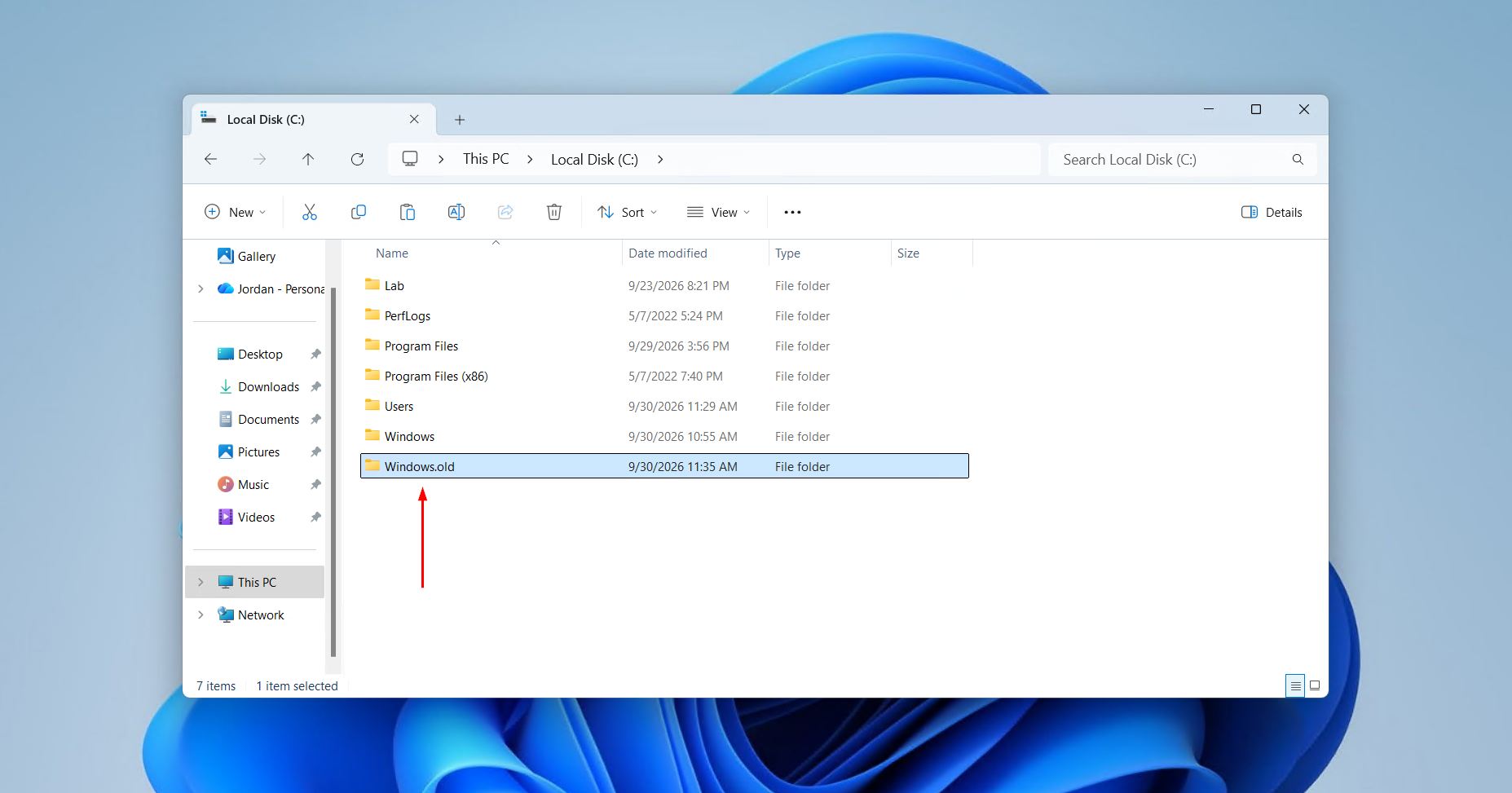 The Windows.old folder on the C: drive.