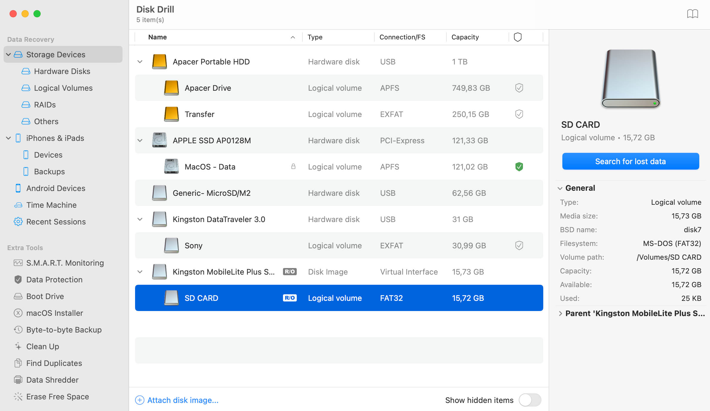 Choose microSD card in Disk Drill