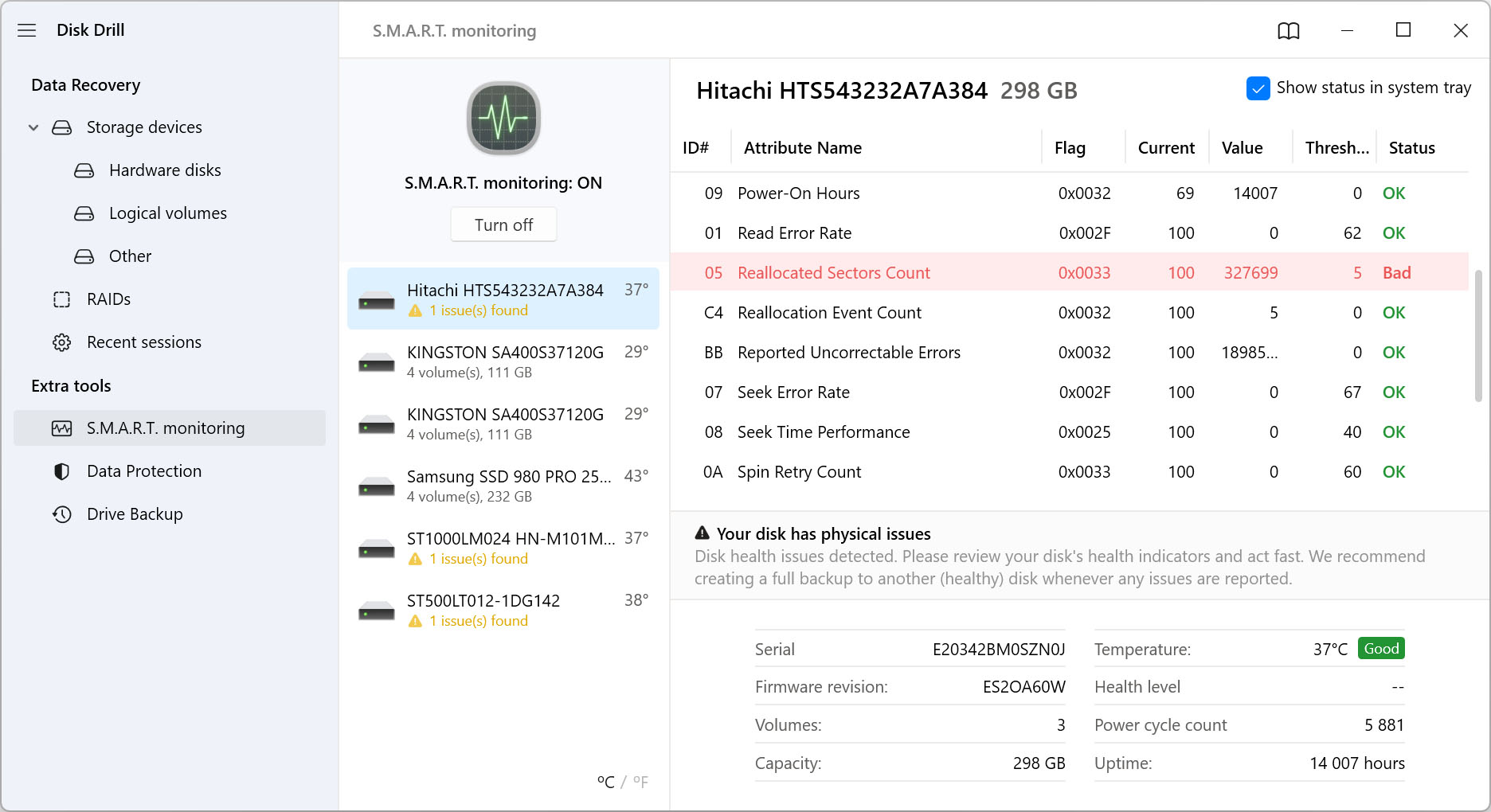 Read S.M.A.R.T. data to detect bad drives