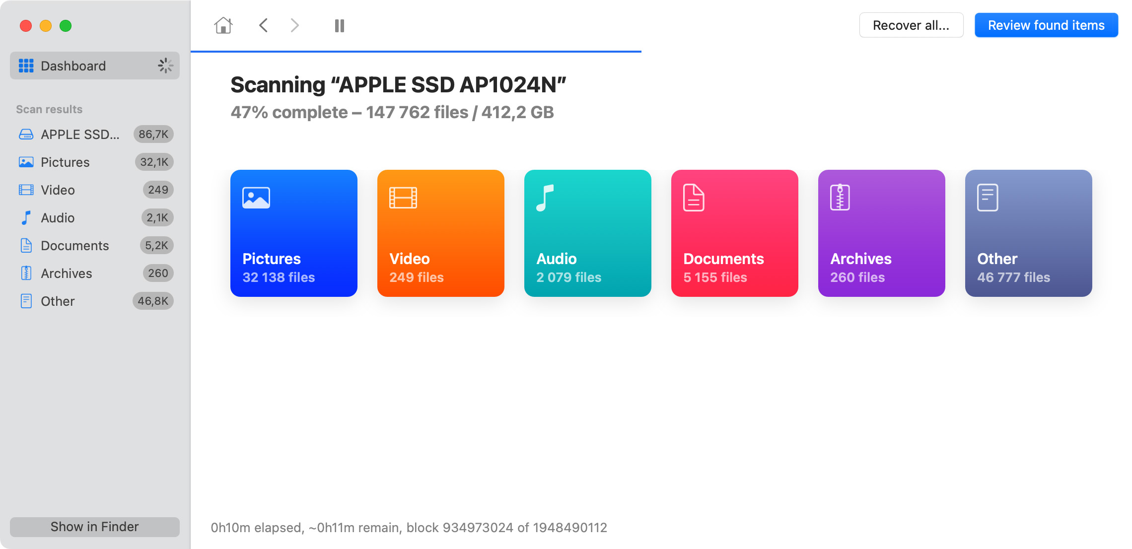 Start scanning for lost data