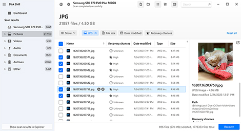 Preview and select the recoverable files