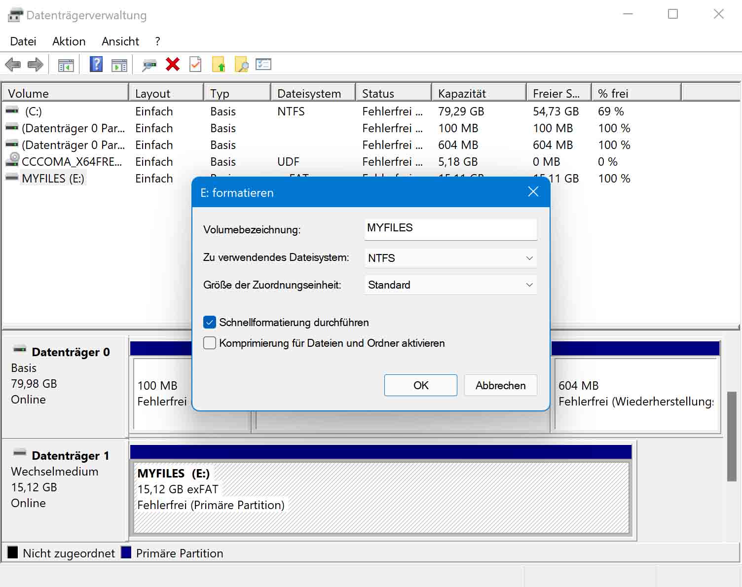Datenträger mit der Datenträgerverwaltung auf NTFS formatieren