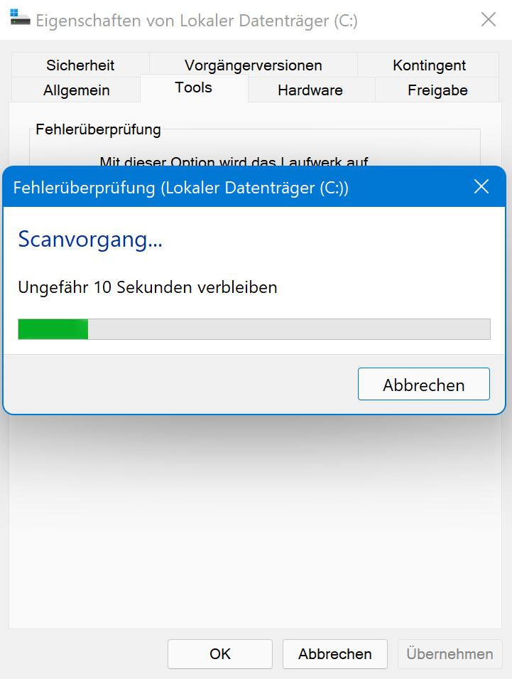 Überprüfen der Festplatte im Windows Explorer