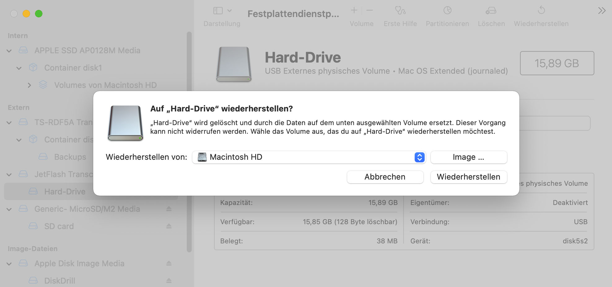 Wiederherstellen einer Festplatte mit Hilfe von Disk Utility auf Ihrem Mac