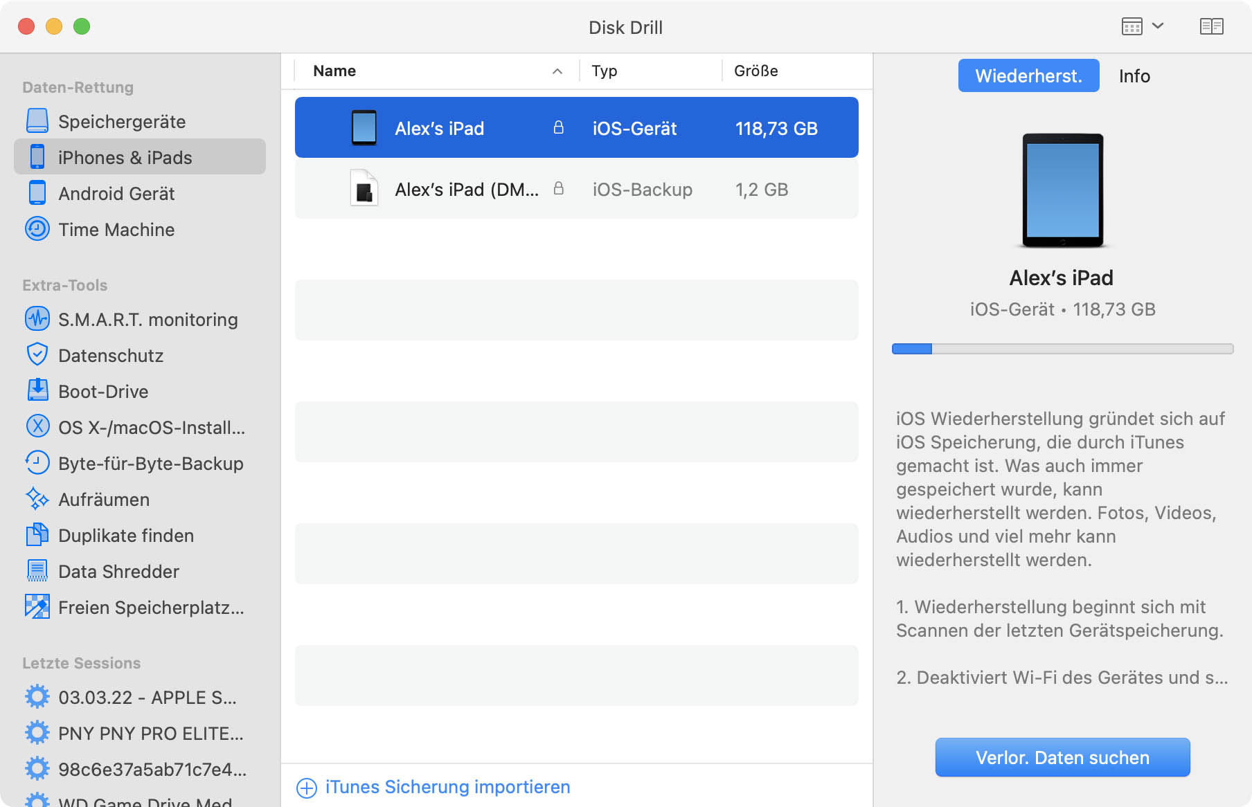 Schließen Sie Ihr iPad an und starten Sie Disk Drill