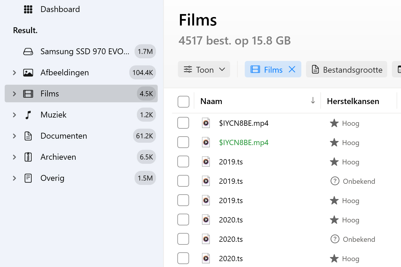 Gebruik "filters" voor een snellere zoekopdracht of om een specifiek bestandstype te selecteren