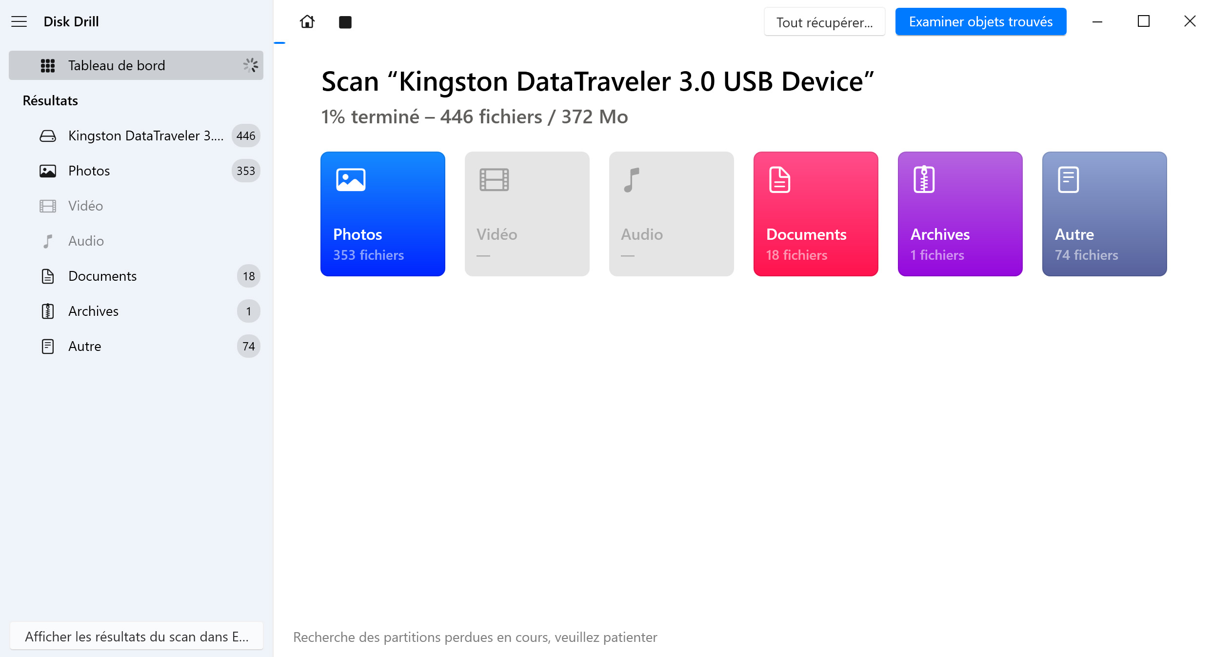 Cliquer sur Recherche de Données Perdues pour Lancer le Scan