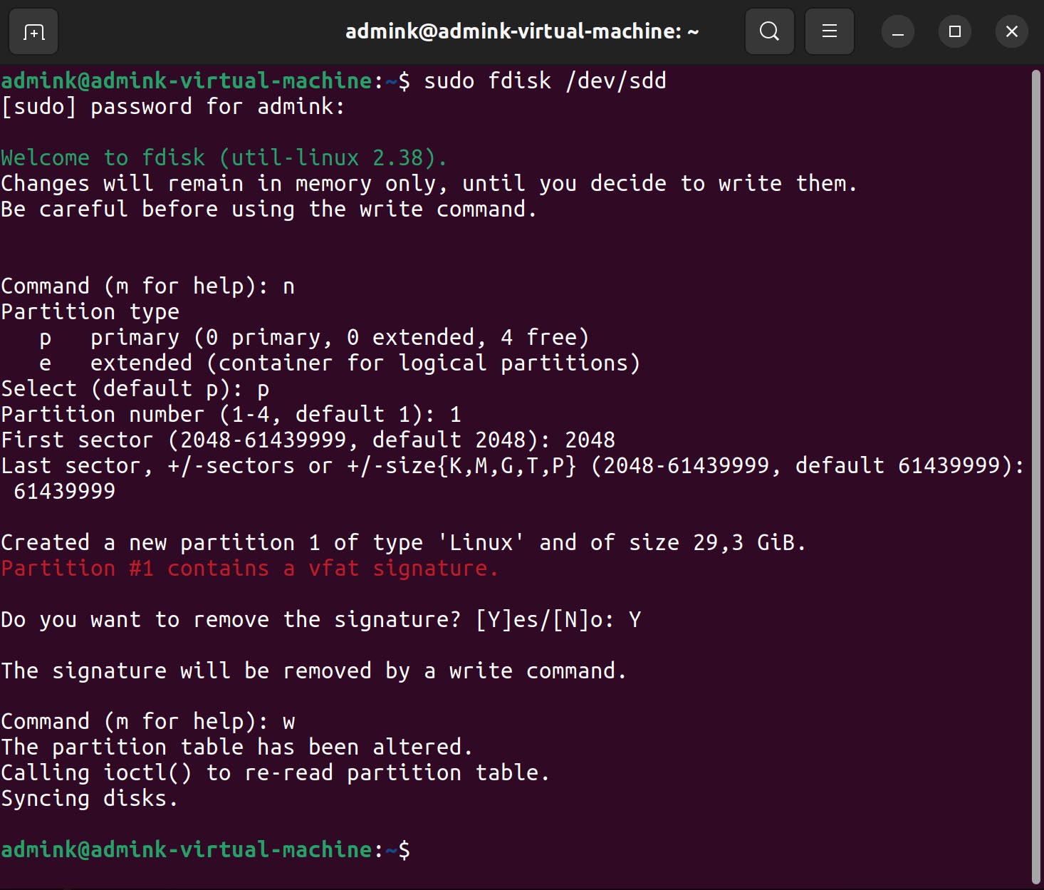 Recréer la partition supprimée à l'aide de fdisk