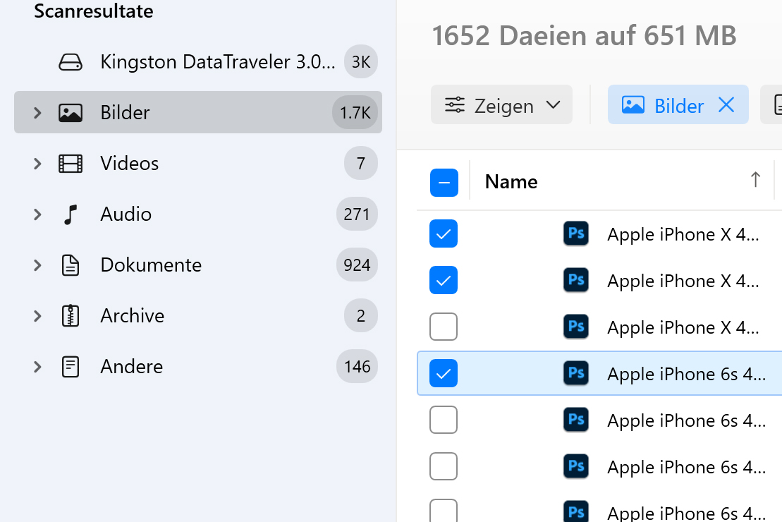 Verwenden Sie "Filter" für eine schnellere Suche oder zur Auswahl eines bestimmten Dateityps