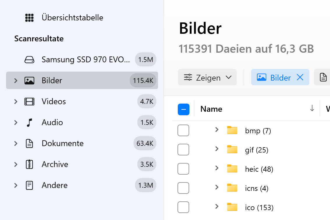  Verwenden Sie "Filter" für eine schnellere Suche / wählen Sie einen bestimmten Dateityp