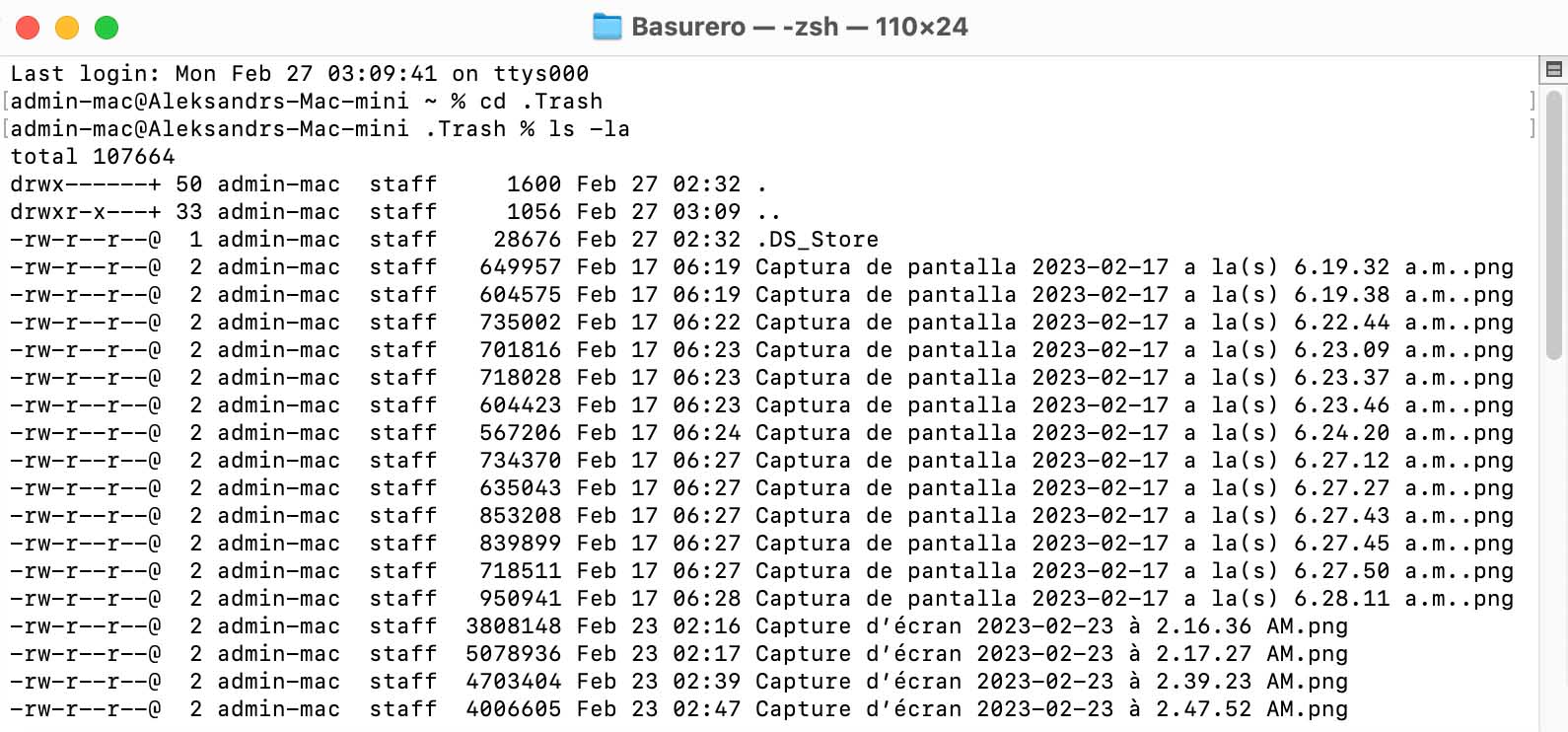 Utiliza la aplicación Terminal para recuperar los archivos de la papelera