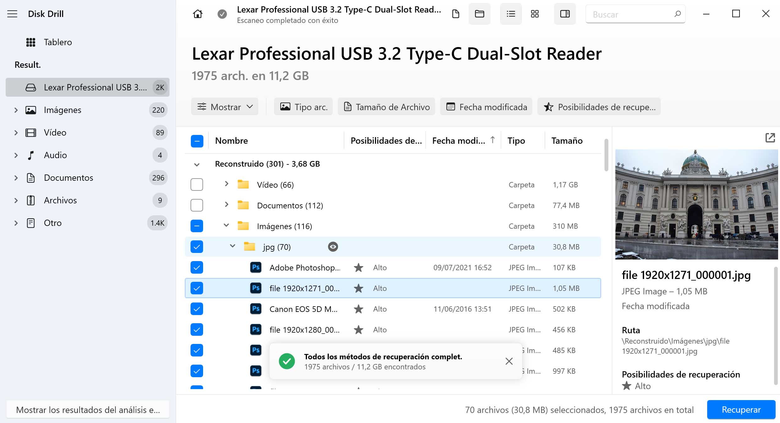 Previsualizar y seleccionar archivos recuperables