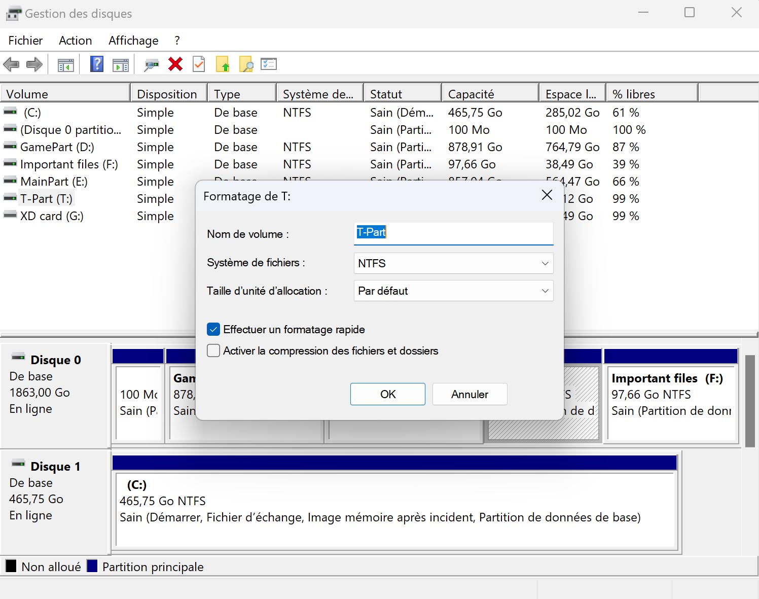 Formater un disque en NTFS à l'aide du gestionnaire de disques