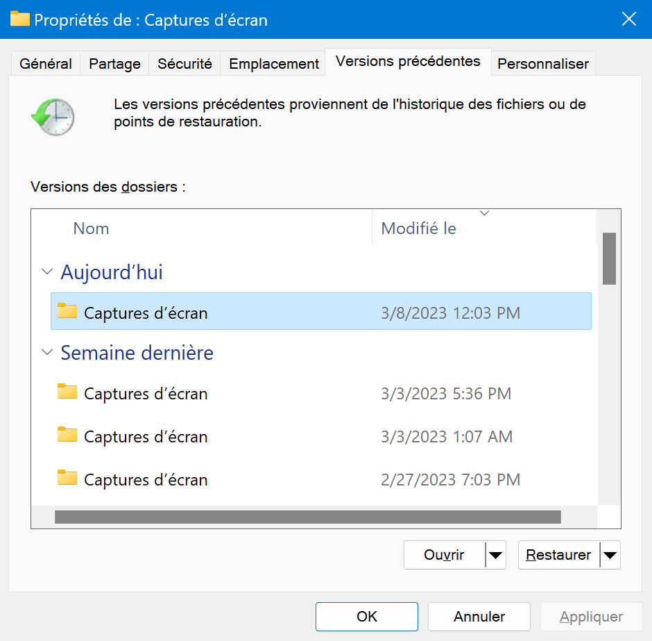 Utiliser la Fonction Restaurer à partir de Versions Précédentes