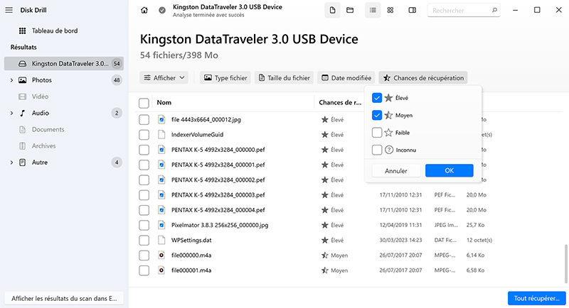Estimation des chances de récupération des données estimer les chances de récupération avec Disk Drill pour Windows