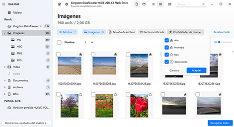 estimar las probabilidades de recuperación de fotos con Disk Drill