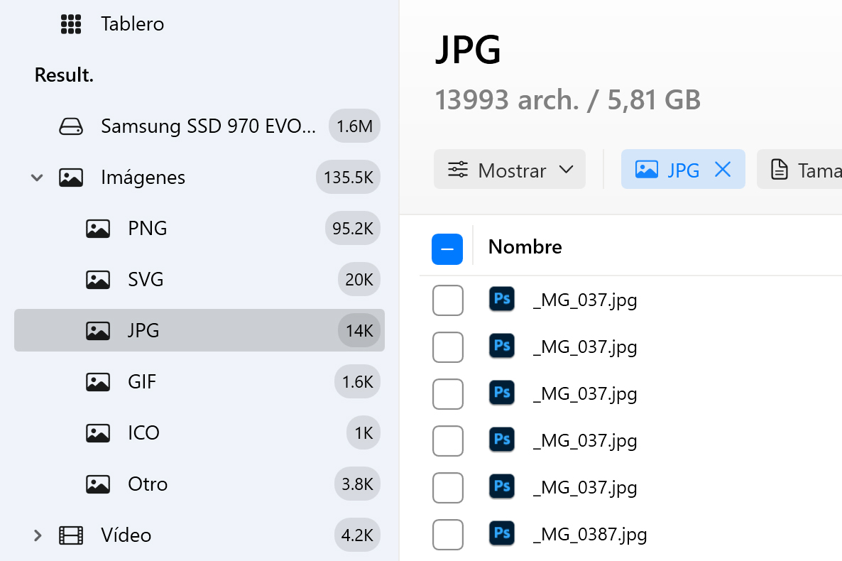 Usa los filtros para una búsqueda más rápida o para seleccionar un tipo de archivo específico