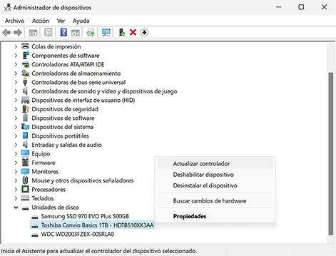 Actualizar controladores del disco duro