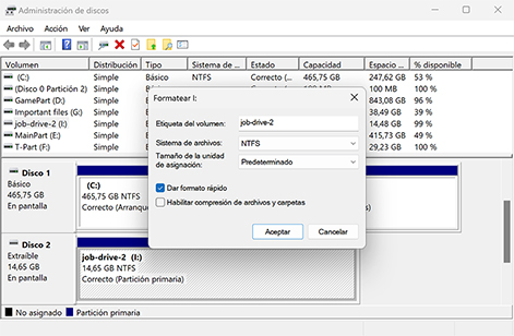 Formatear disco a NTFS usando Administración de discos