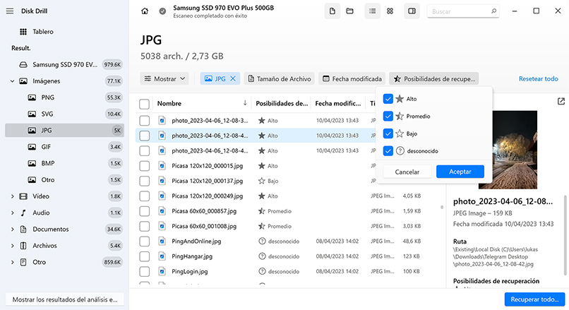 estimar las posibilidades de recuperación con Disk Drill para Windows