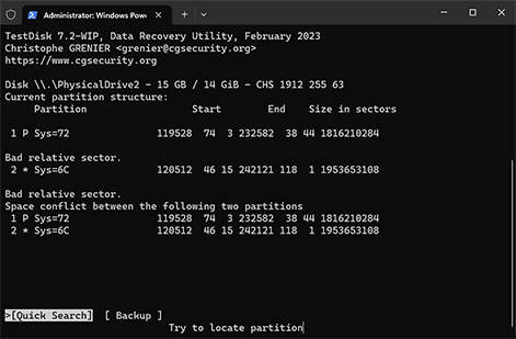 Reparar una tabla de particiones dañada usando TestDisk