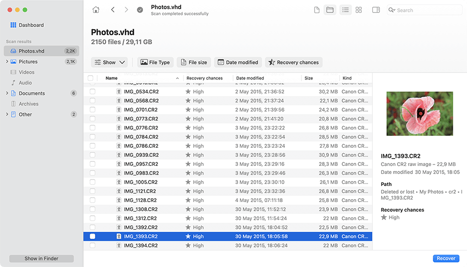Select files to recover