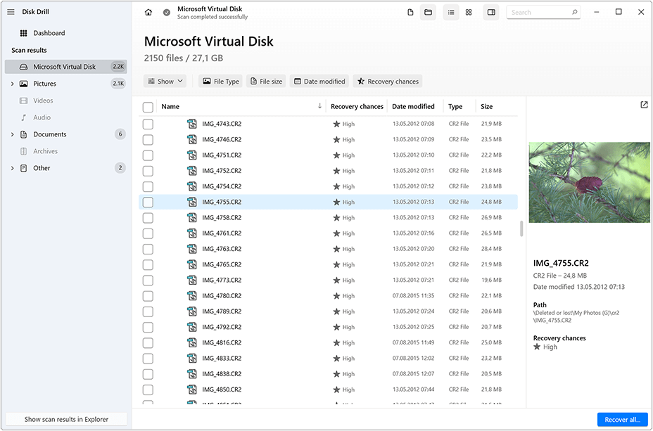 Select files to recover