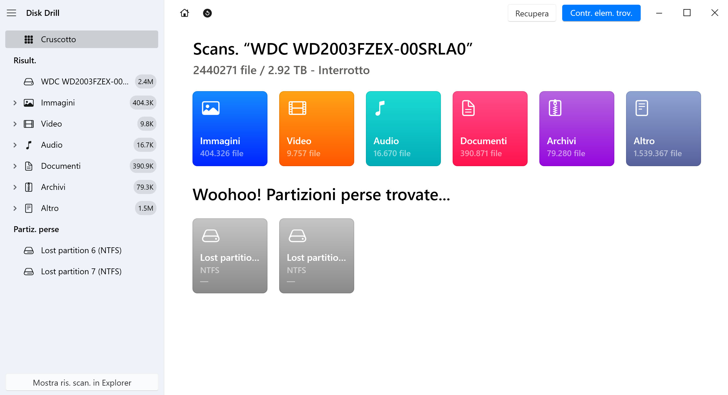 Inizia la scansione dei dati nell’hard disk