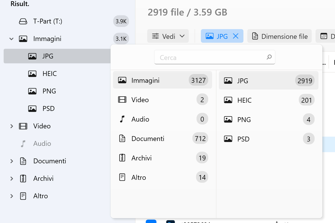 Utilizza filtri per una ricerca più rapida o per selezionare un tipo di file specifico