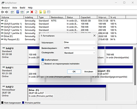 Schijf formatteren naar NTFS met Schijfbeheer