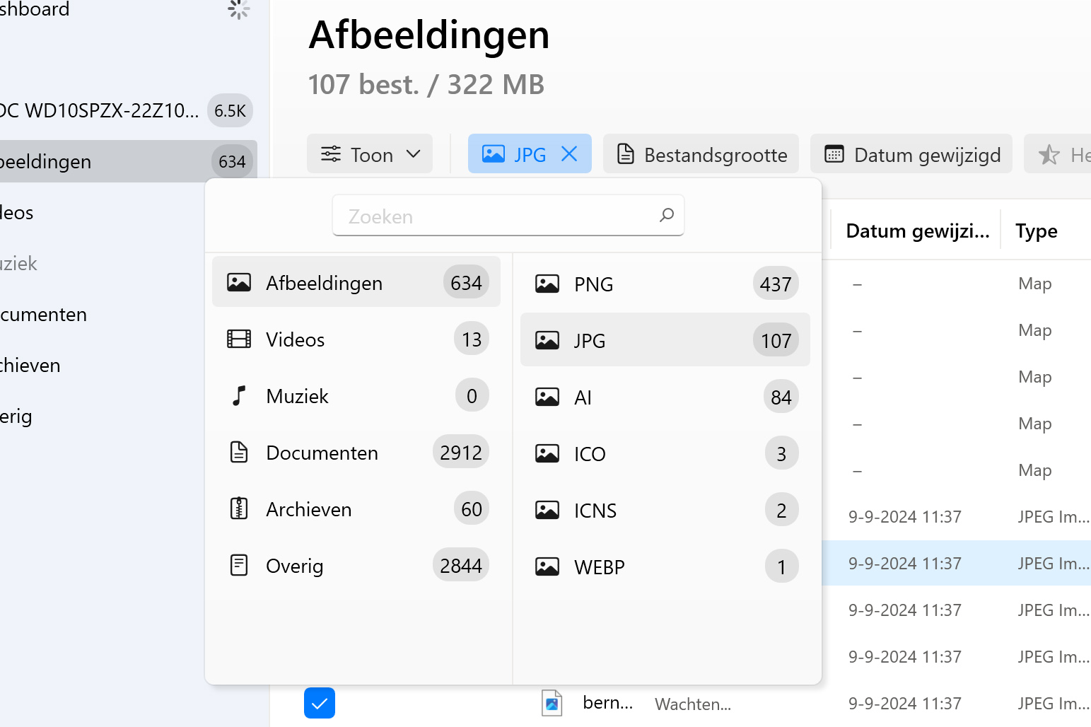 Gebruik filters voor een snellere zoektocht of om een specifiek bestandstype te selecteren
