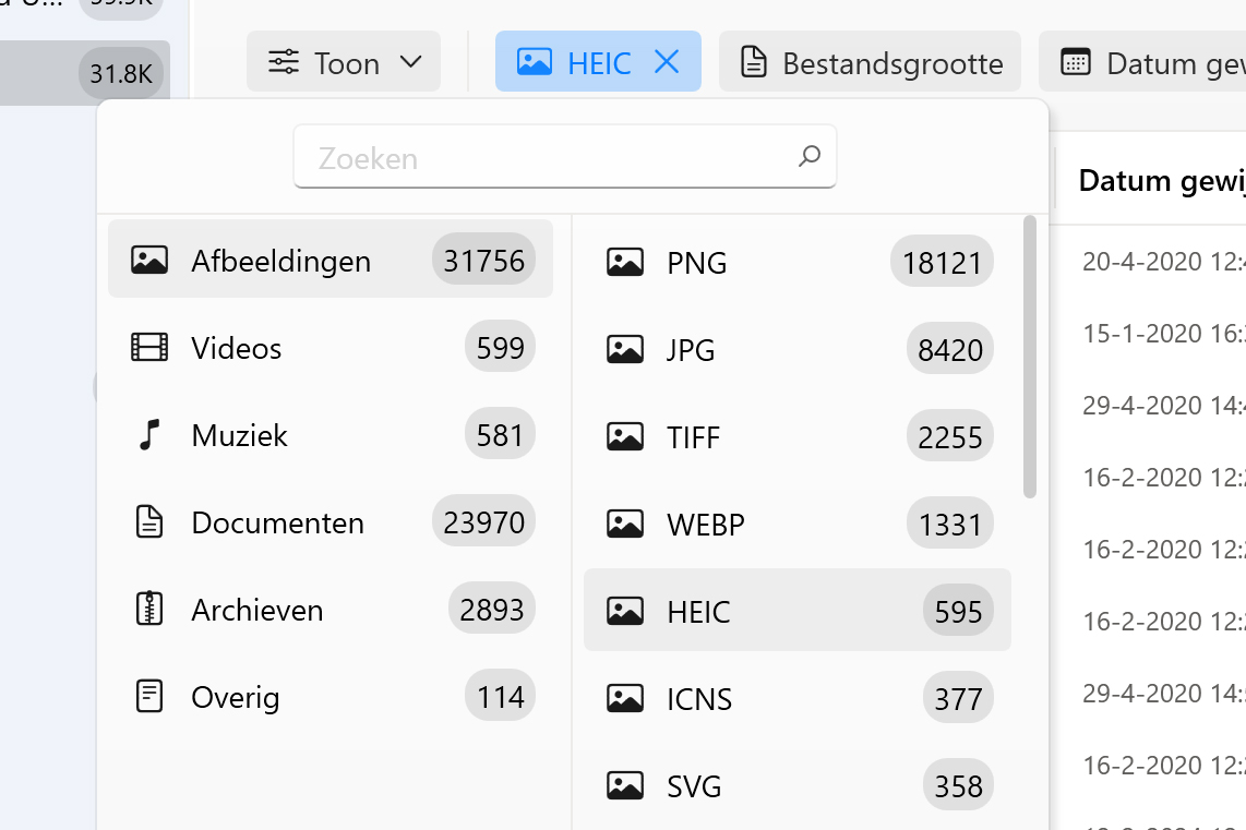 Gebruik filters voor een snellere zoekopdracht door het juiste bestandstype te selecteren
