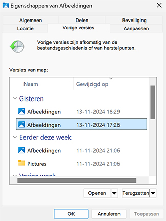 Verwijderde bestanden herstellen met eerdere versies