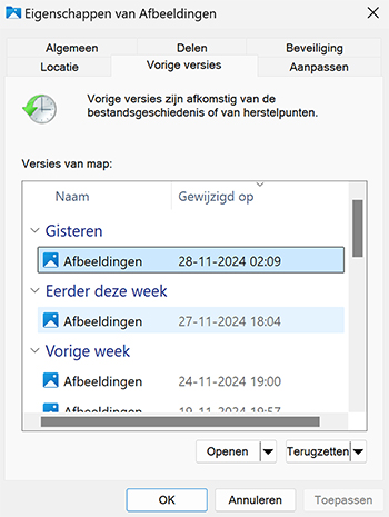Bestanden herstellen die uit de Prullenbak zijn verwijderd met Vorige Versies