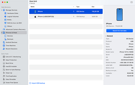 Launch Disk Drill and Select Your iPhone or Backup
