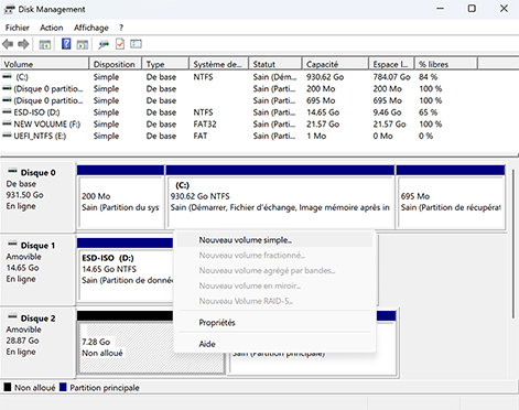 Recréez la partition supprimée à l'aide de la gestion des disques