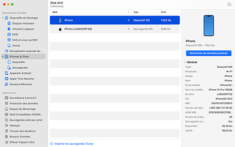Lancez Disk Drill et sélectionnez votre iPhone ou sauvegarde