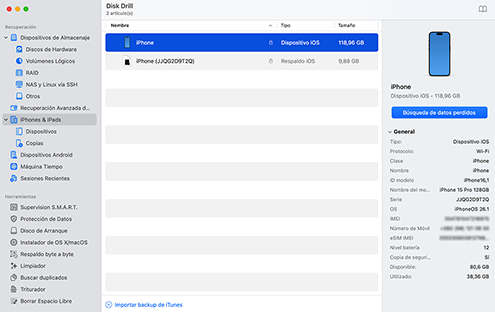 Inicia Disk Drill y selecciona tu iPhone o copia de seguridad