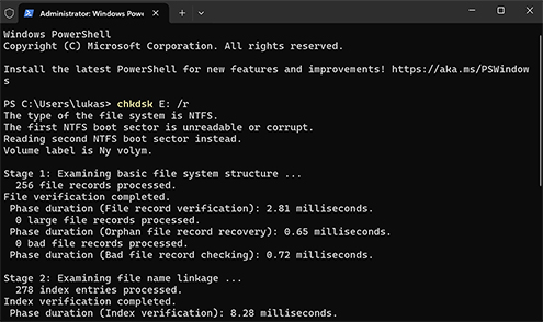 Använd kommandot CHKDSK