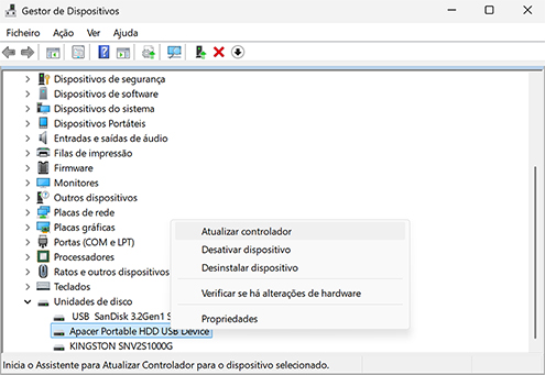Atualizar Drivers do Disco Rígido