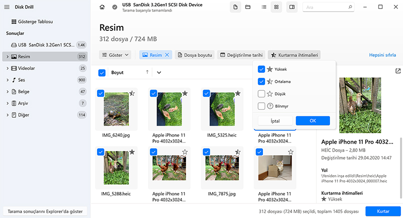 Disk Drill kurtarma şansı modülü
