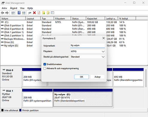 Formatera disk till NTFS med hjälp av Diskhantering