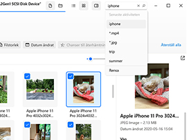 Hantera de återställningsbara och sök bland de hittade filerna
