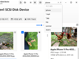 복구 가능한 항목을 관리하고, 발견된 파일 내에서 검색하세요.