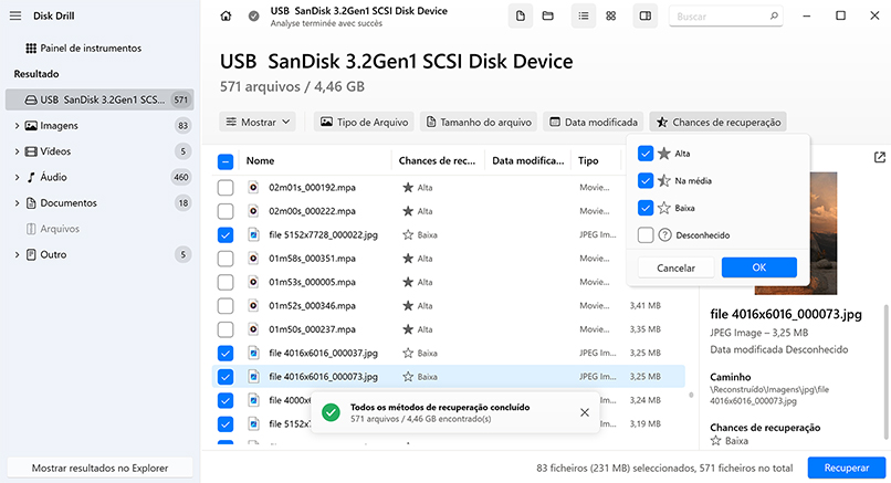 estimar chances de recuperação de fotos disk drill