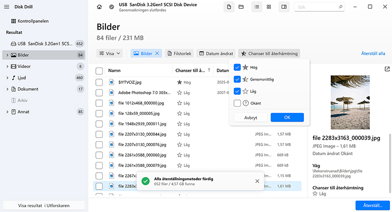 uppskatta återhämtningschanser med Disk Drill för Windows