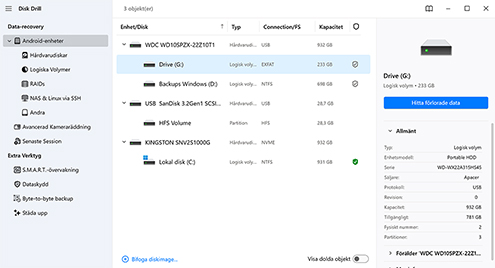 Välj hårddisken eller partitionen