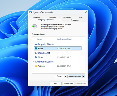 Wiederherstellen von aus dem Papierkorb gelöschten Dateien mit Vorgängerversionen